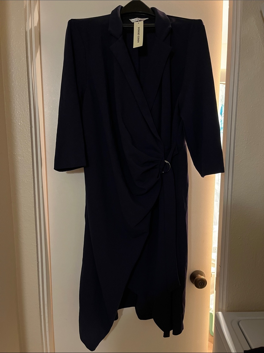 Agnes Orinda Navy Wrap Midi Dress with Ring Detail